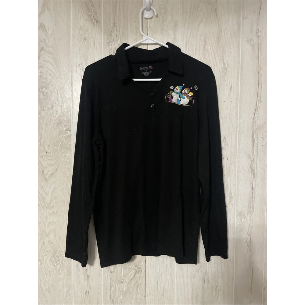 Hampshire Studio Embroidered Snowman Christmas Top - Black,‎ Xl